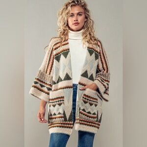 Napenthe Southwestern Aztec Open-Front Oversized Tribal Western Cardigan~OS~NWOT